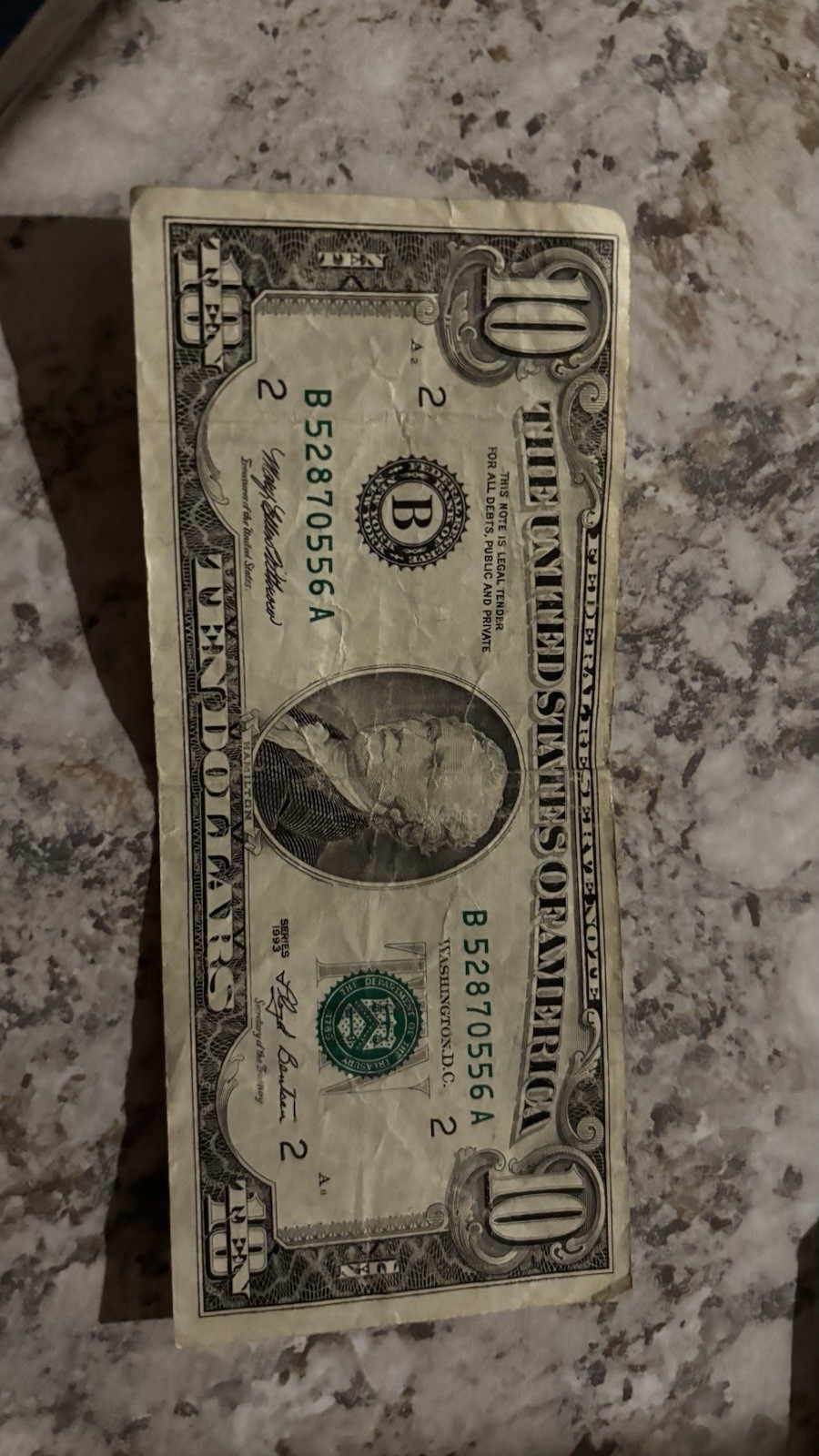 1993 $10 with over ink