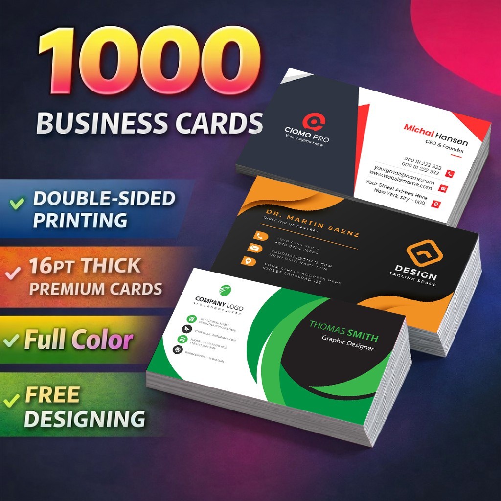 1000 Business Cards Full Color 2 Side Printing 16 PT UV Coated-Free Design