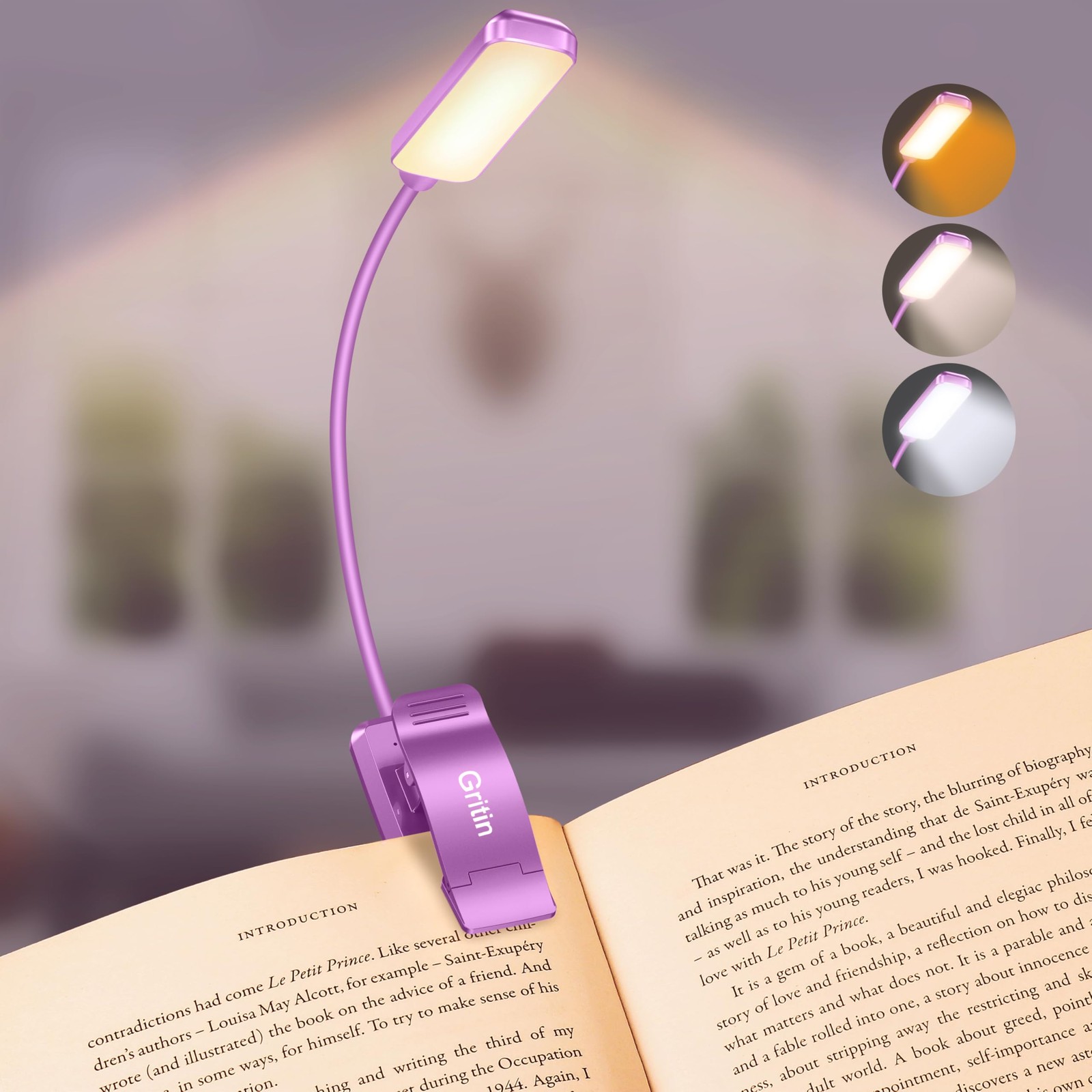 Gritin 9 LED Rechargeable Book Light for Reading in Bed Compact, Dark Purple 
