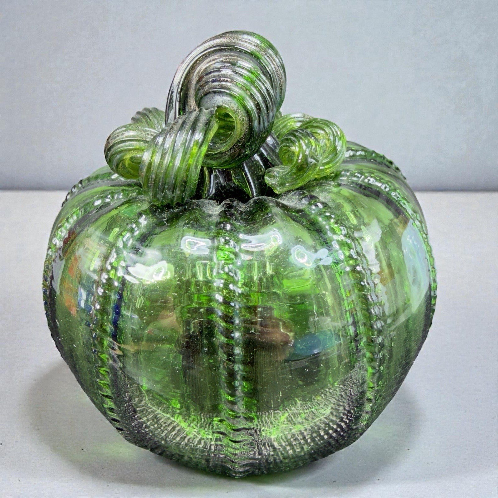 Vintage Green Beaded Art Glass Pumpkin Figurine Decorative Hollow Inside Decor