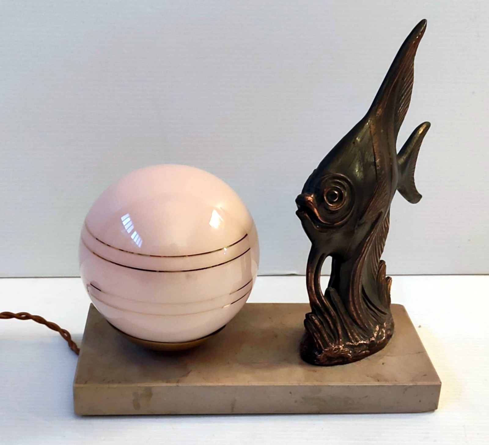 Lamp Bedside Art Deco Fish Alloy Globe IN Opaline Support Marble