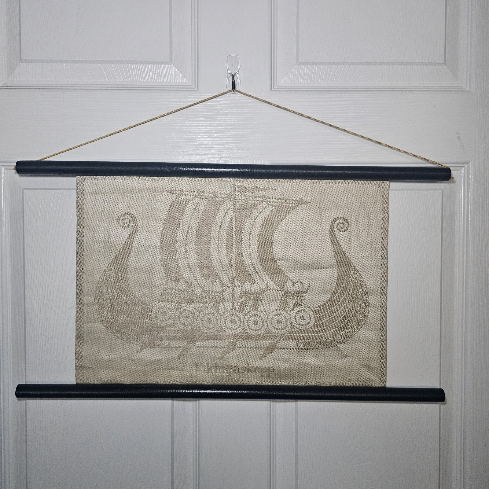 Vintage Placemat Turned Wall Tapestry Swedish Astrid Sampe Design Viking Ship