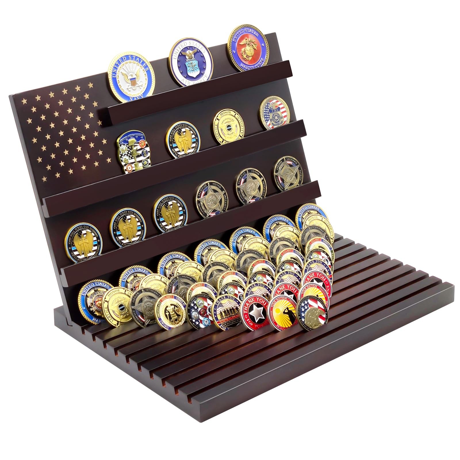 13 Rows Solid Wood Challenge Coin Display Case Military Coin Holder Stand Woo...
