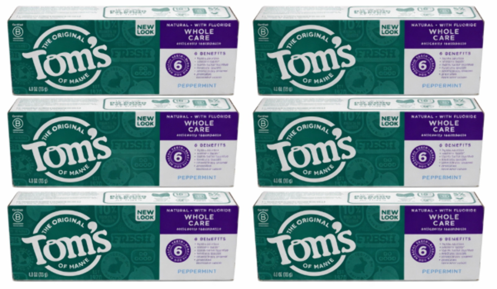 6x Tom's of Maine Whole Care Natural Toothpaste with Fluoride, Peppermint, 4 oz.