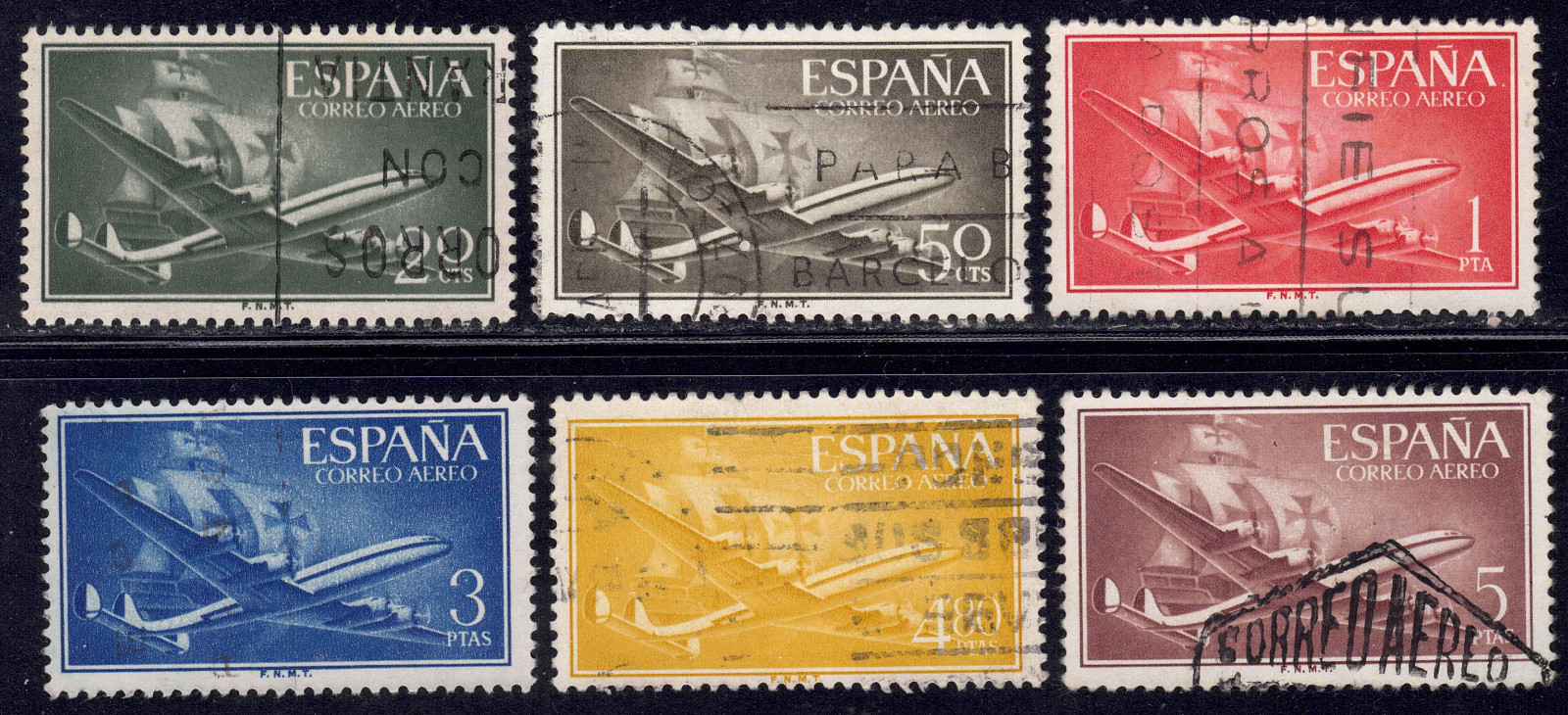 1955-56 Spain SC#  C147-C155 - Plane and Caravel - 6 Different Stamps - Used