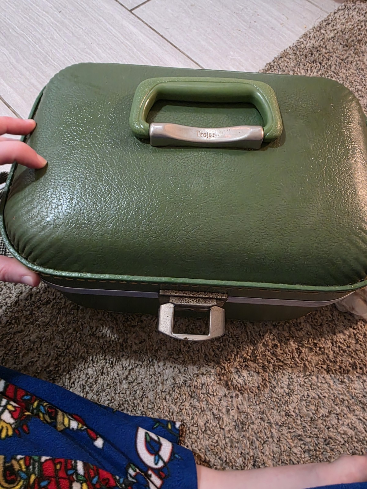 1960s Vintage Trojan Green Train Case Hard Shell Makeup Luggage Retro