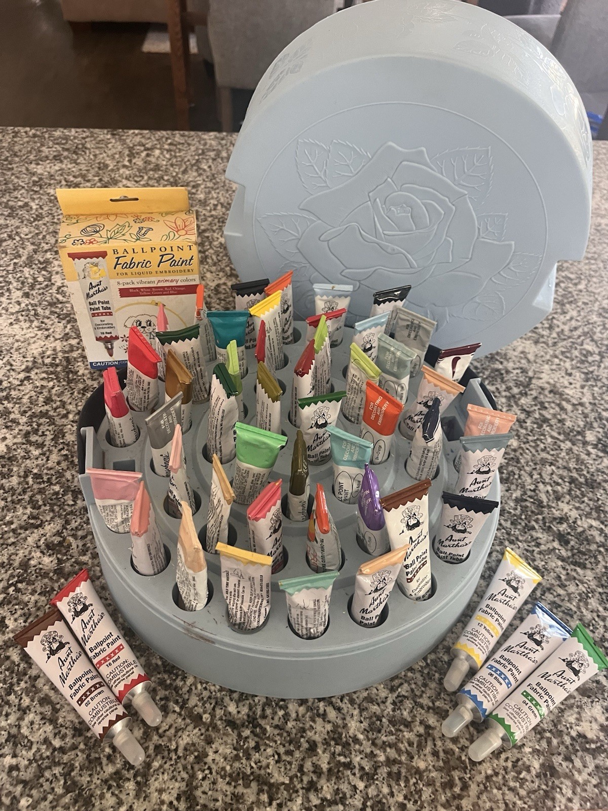 Vintage Set 52 Tri-Chem Liquid Embroidery Paint in Round Rose Case Mrs. Martha’s