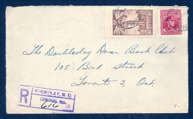 CANADA 1945 KIMBERLEY BC REG TO TORONTO