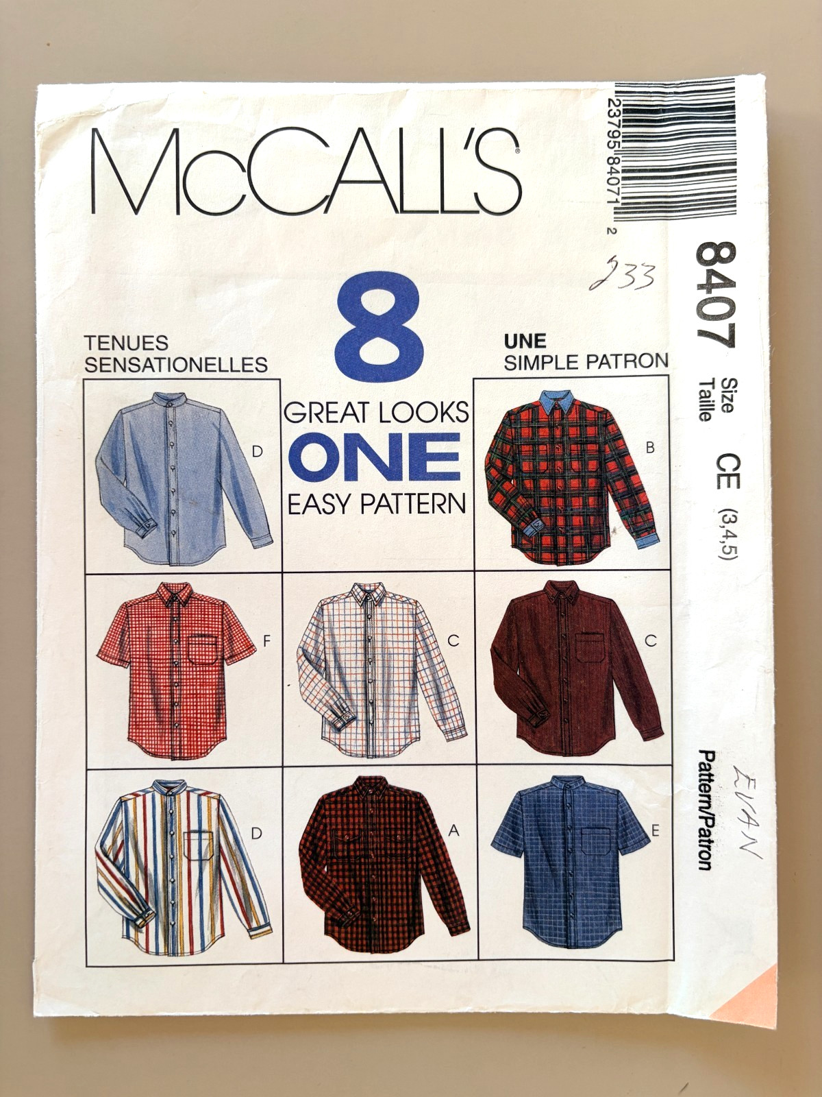 1990's McCall's Children's Shirt Pattern 8407 Size 3-5 UNCUT
