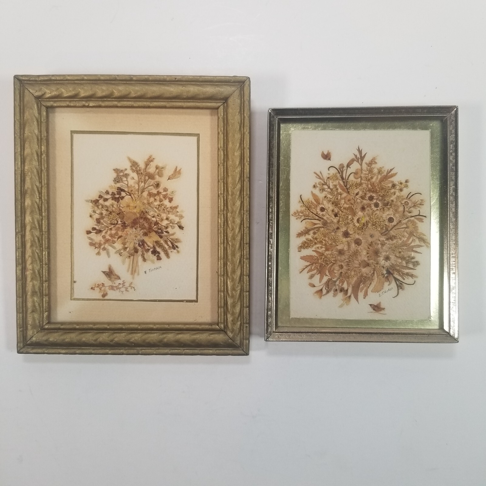 2 Dried Flower Art Framed Artist E Thorn Birds Butteryfly Largest 6" Miniature