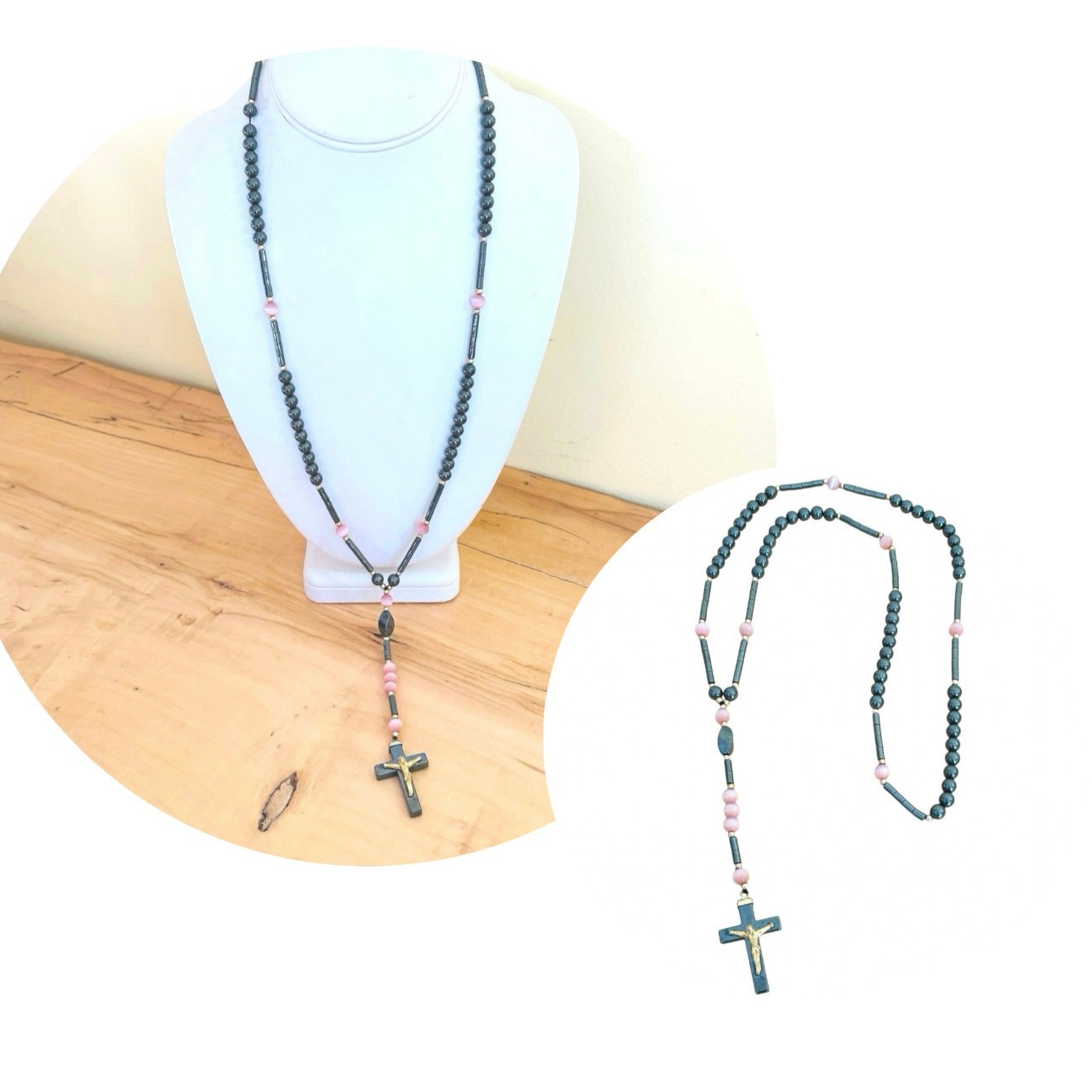 Prayer Beads Rosary Hematite Pink Fiber-Optic Cross Crucifix Catholic 