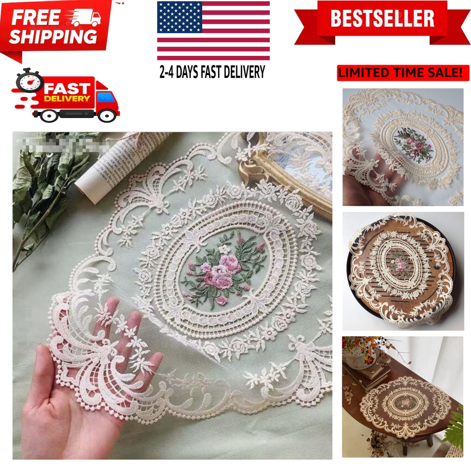 2Pack Retro Lace Placemats, French Crochet Doilies, Handmade Embroidered Tabl...