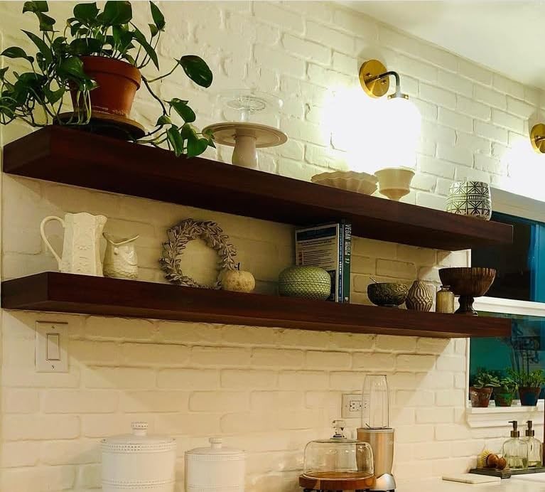  Long Wooden Floating Shelves for Room Wall, Natural Wood 48in 2tier Walnut