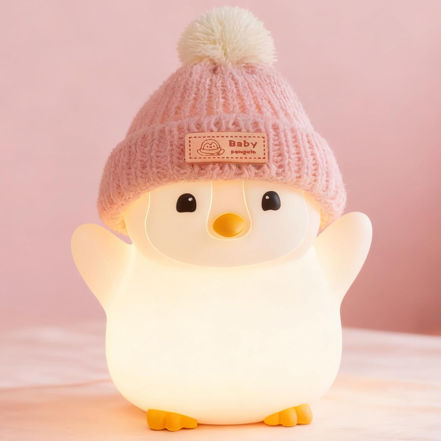 Penguin Night Light, Cute Pink Penguin Lamp with Knit Hat, Soft Silicone Nursery