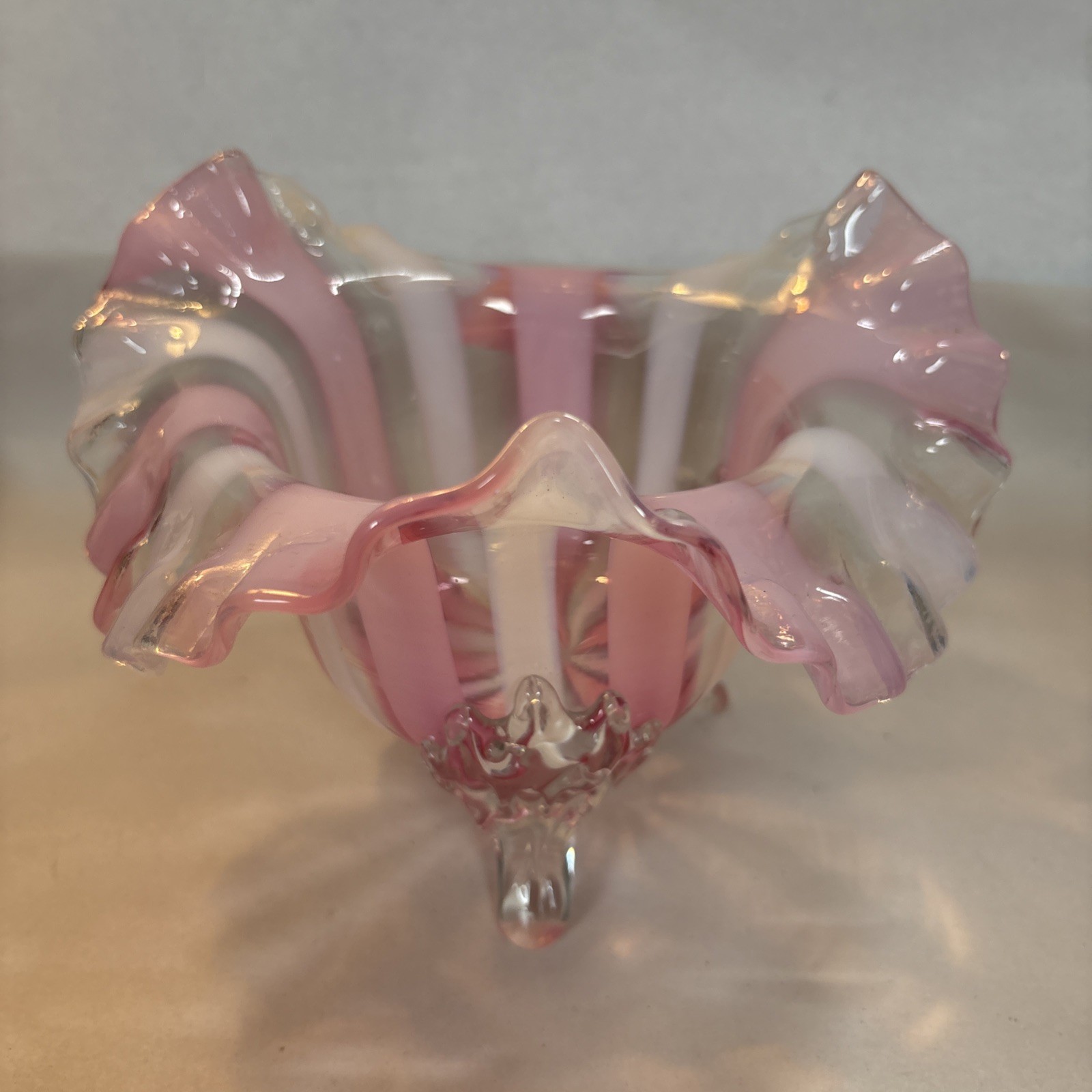 Victorian Art Glass Opaque Pink White Stripe Finger Bowl w/Feet