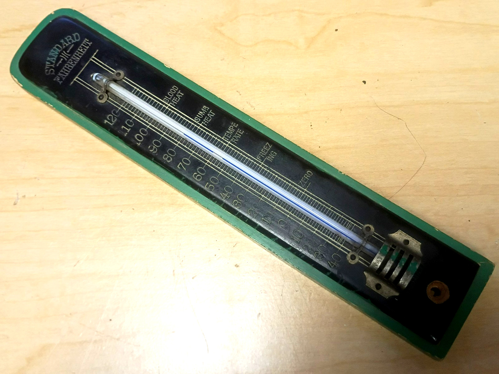 GERMAN BLUE Liquid THERMOMETER FAHRENHEIT ONLY BLOOD HEAT Wood   8"