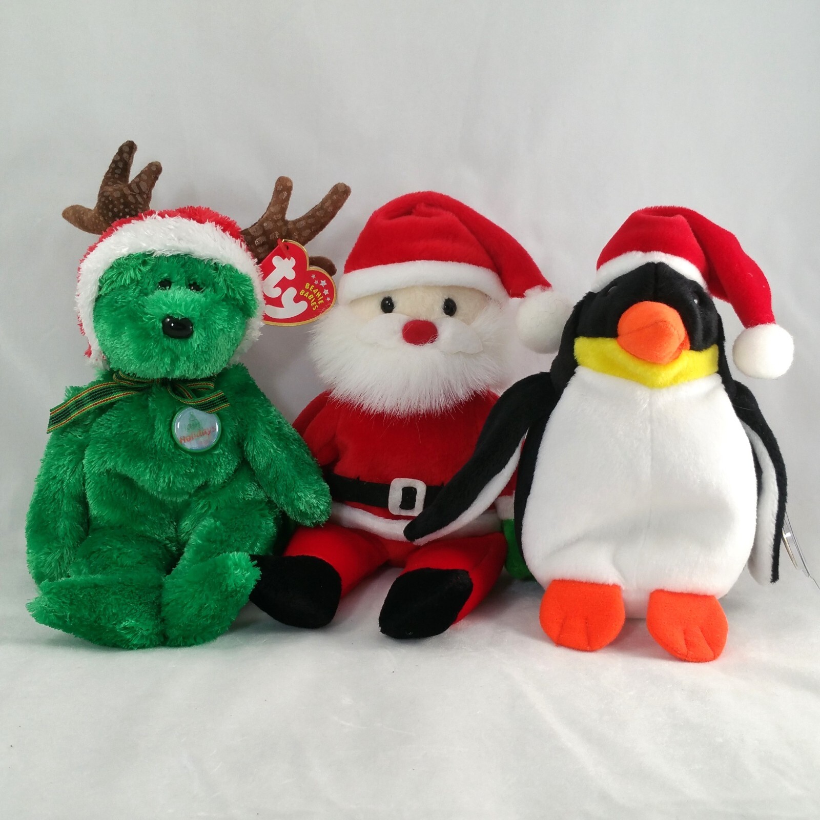 Ty Beanie Babies Christmas Plush Teddy Antlers Santa Zero Penguin Lot Of 3