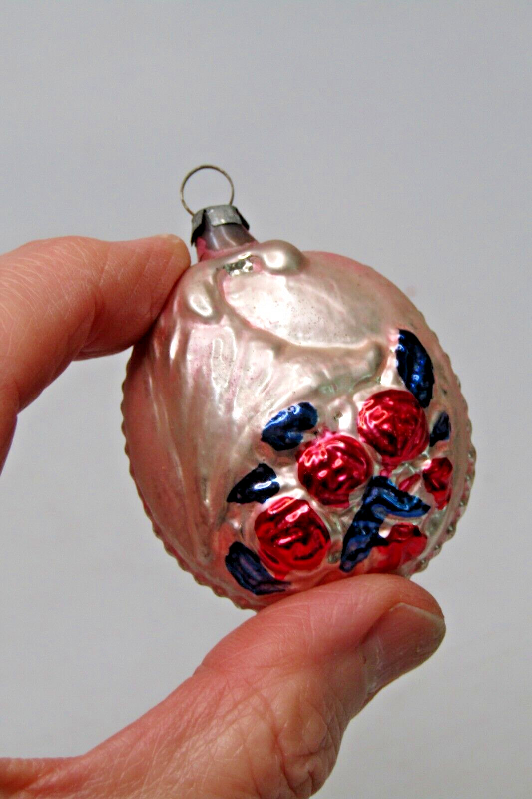 Vintage Blown Glass CORNUCOPIA Flowers Embossed Oval Christmas Ornament Germany
