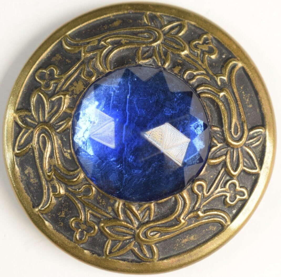 1890s Gay Nineties Brass & Faceted Blue Glass Center Lacquer Back Button R41