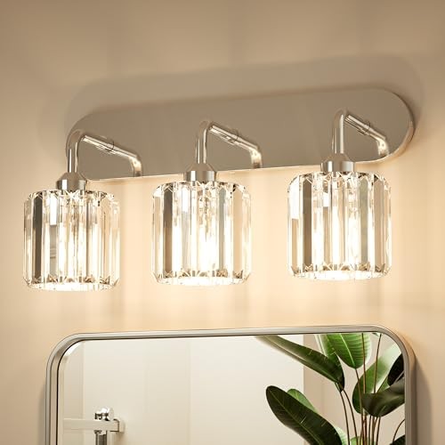  Bathroom Light Fixtures, Crystal Bathroom Vanity Lights Over 3-Light Chrome