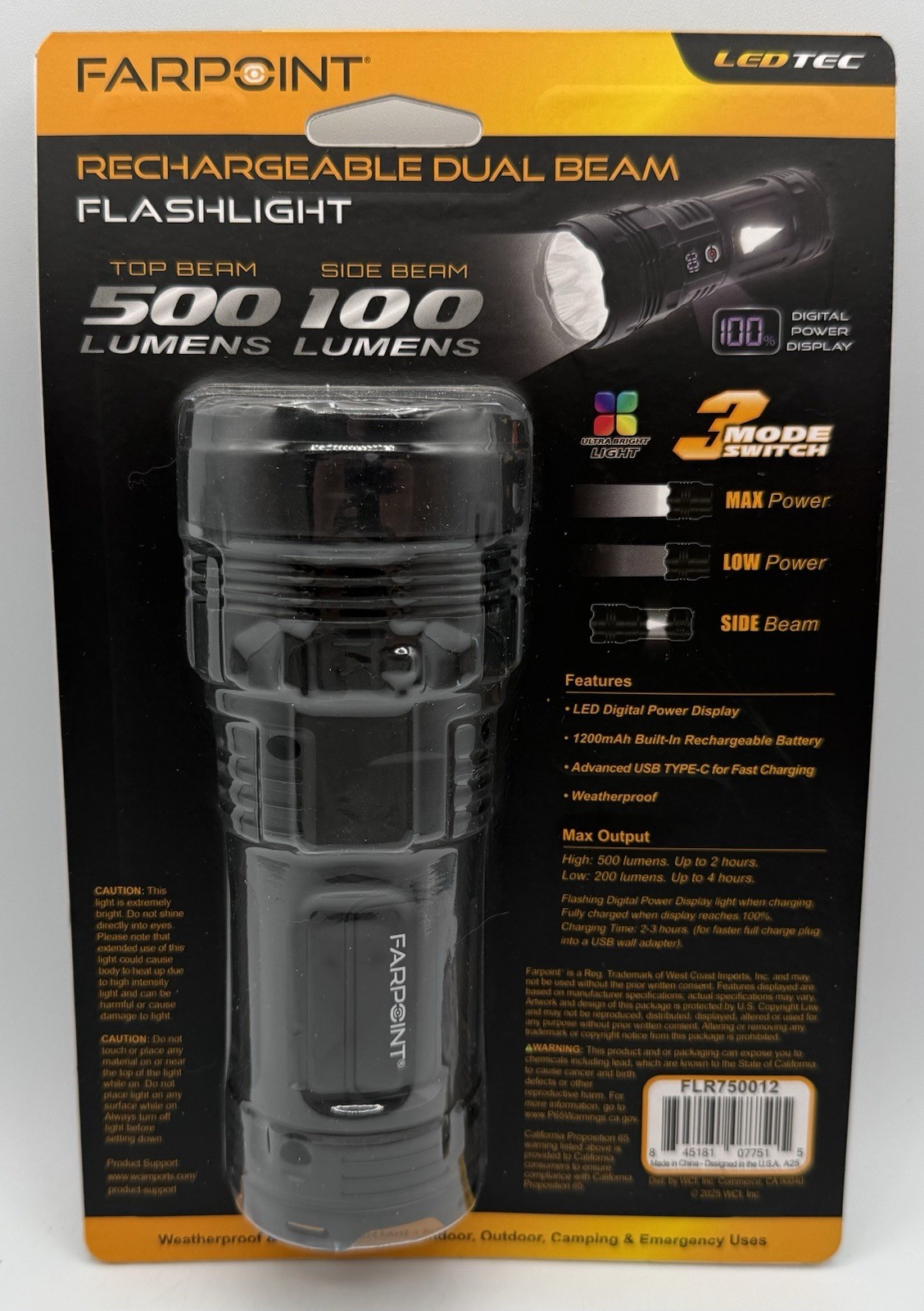 Farpoint Rechargeable Dual Beam Flashlight 500/100 Lumens 6” With USB Cable New