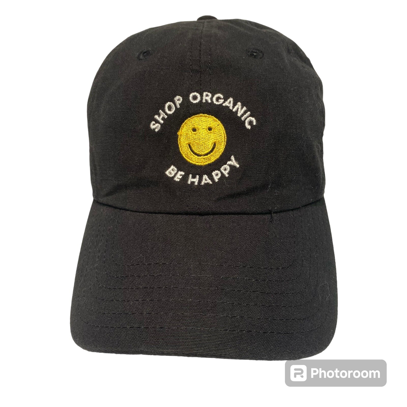 Shop Organic. Be Happy. Adjustable Hat Cap All Black. 100% Organic Cotton.