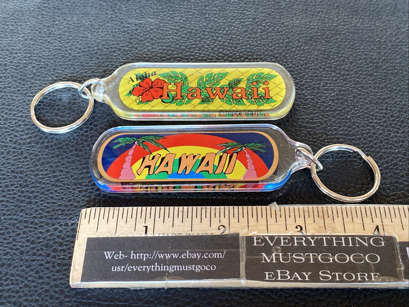 2 Vtg Hawaii Keychains Tropical Flowers Island Aloha Palm Trees Travel Souvenir