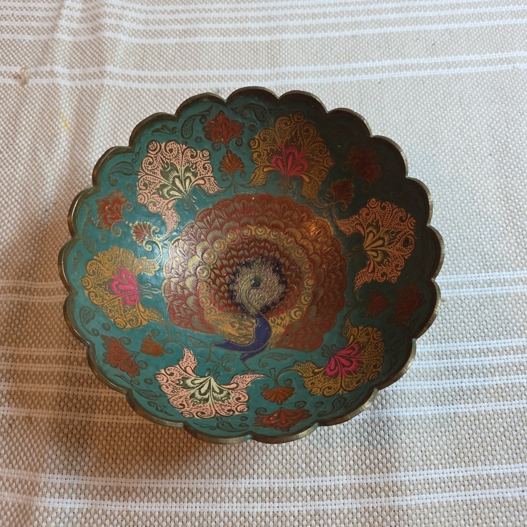 Gorgeous Ornate Peacocks and Floral Etched Brass Bowl 6.75”