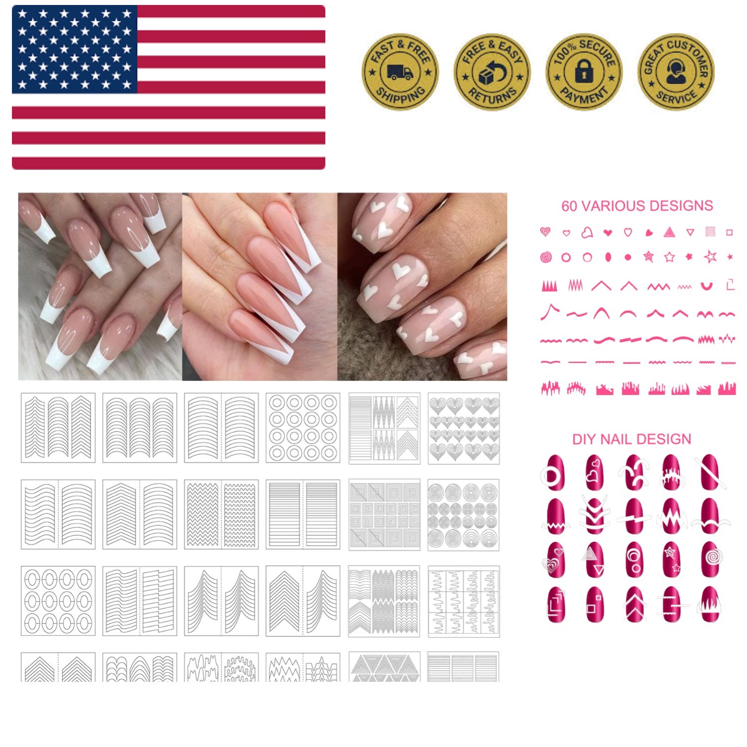 1768 Pieces 60 Designs French Manicure Nail Stickers, Nail Art Tips Guides fo...
