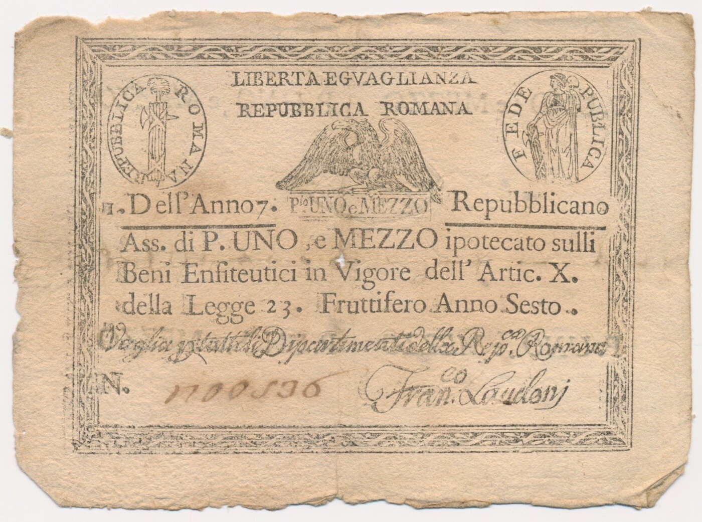 ITALIAN STATES (REPUBBLICA ROMANA) banknote 1 1/2 Paoli 1798 VF Very Fine