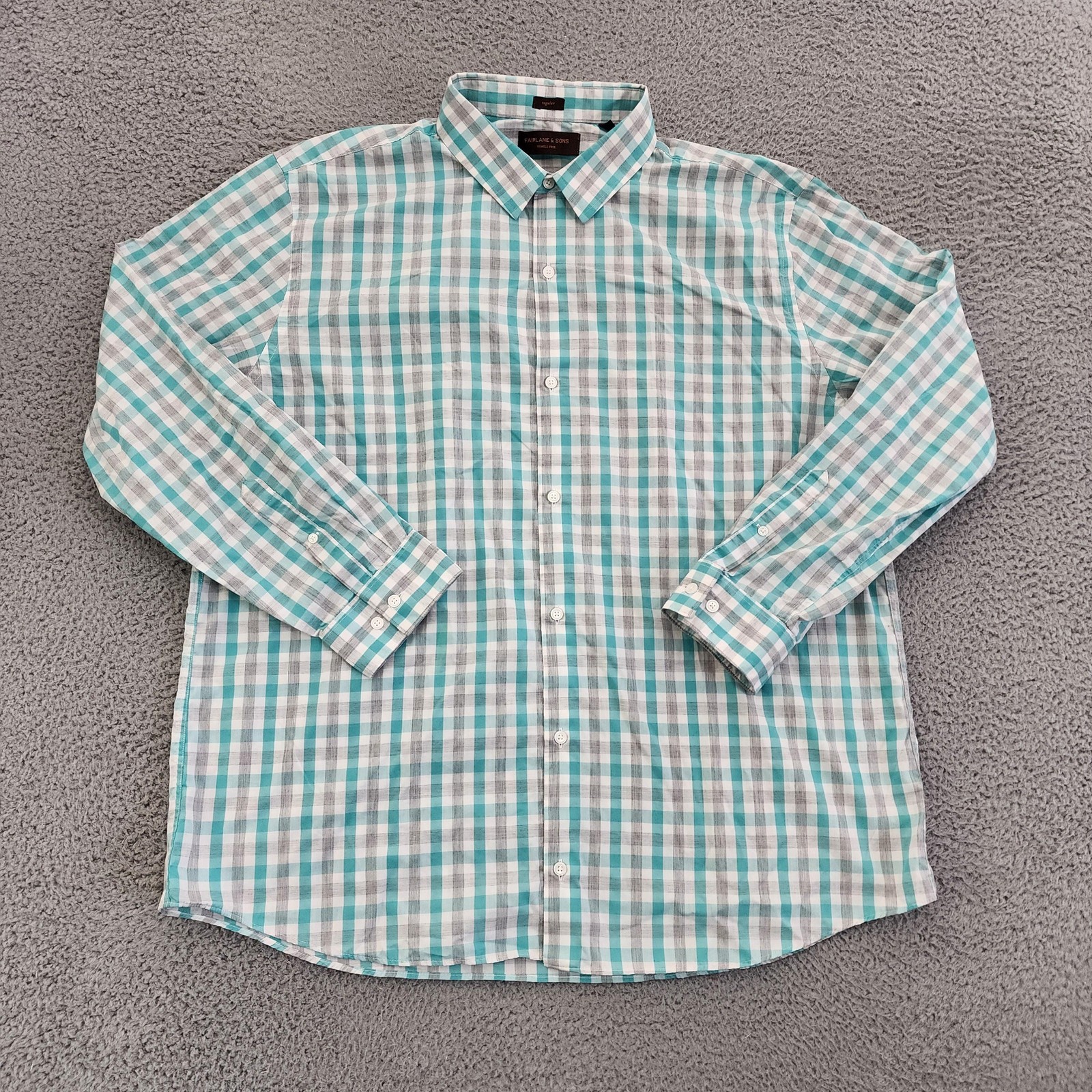 Fairlane & Sons Shirt Men 2XL Teal Plaid Wrinkle Free Long Sleeve Button Front