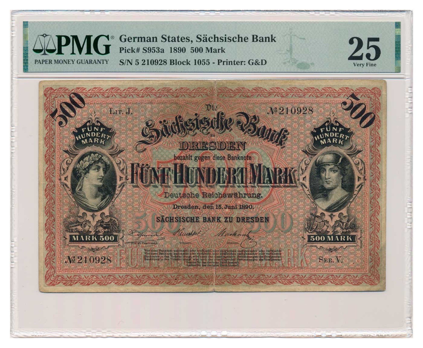 GERMAN STATES (SAXONY) banknote 500 Mark 1890 PMG VF 25 Very Fine