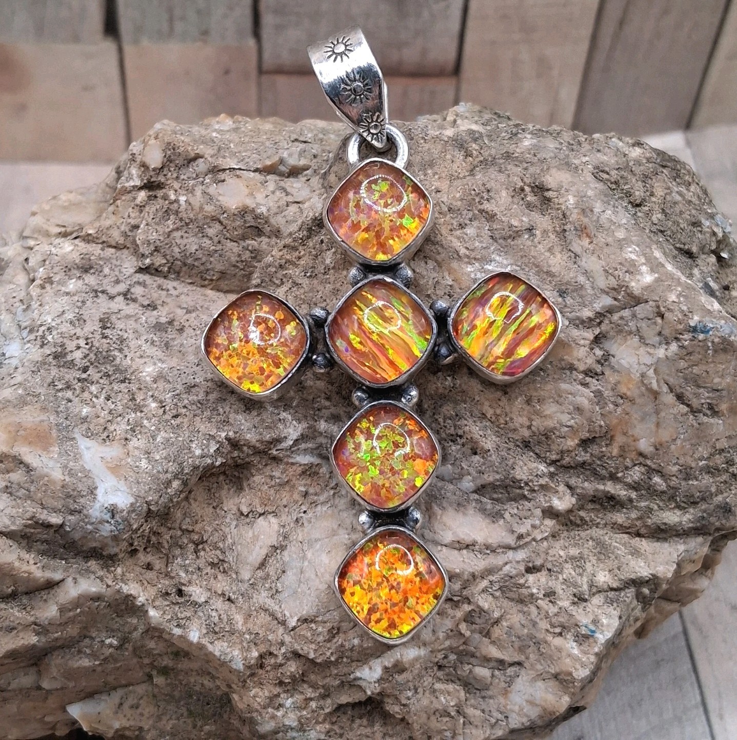 Orange Fire Opal Cross Pendant Faith Sterling Silver Southwestern Style 