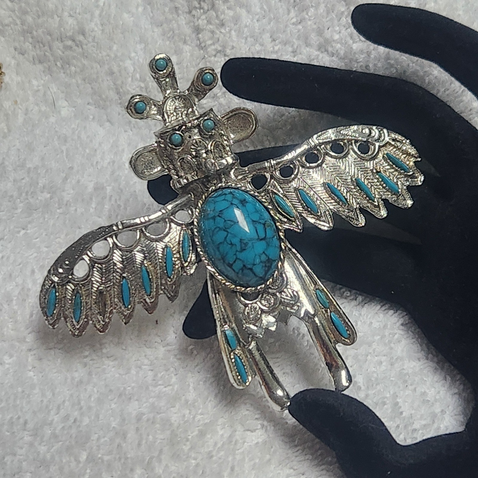 Southwestern Turquoise color stone Thunderbird Kachina Pendant  Silver Tone 3.5"