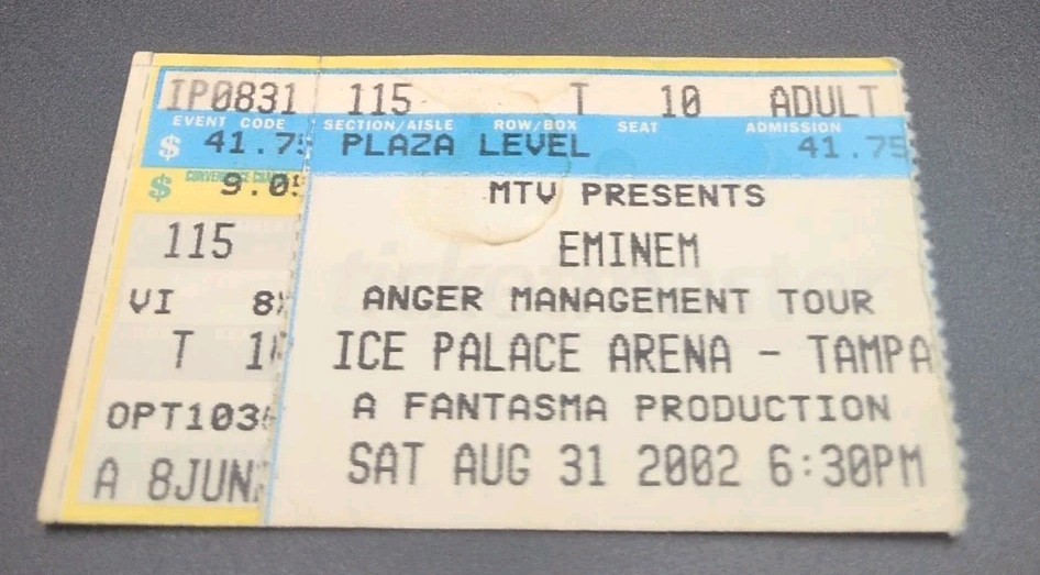 Eminem Anger Management Tour Ice Palace Arena Tampa Florida 2002 Ticket Stub