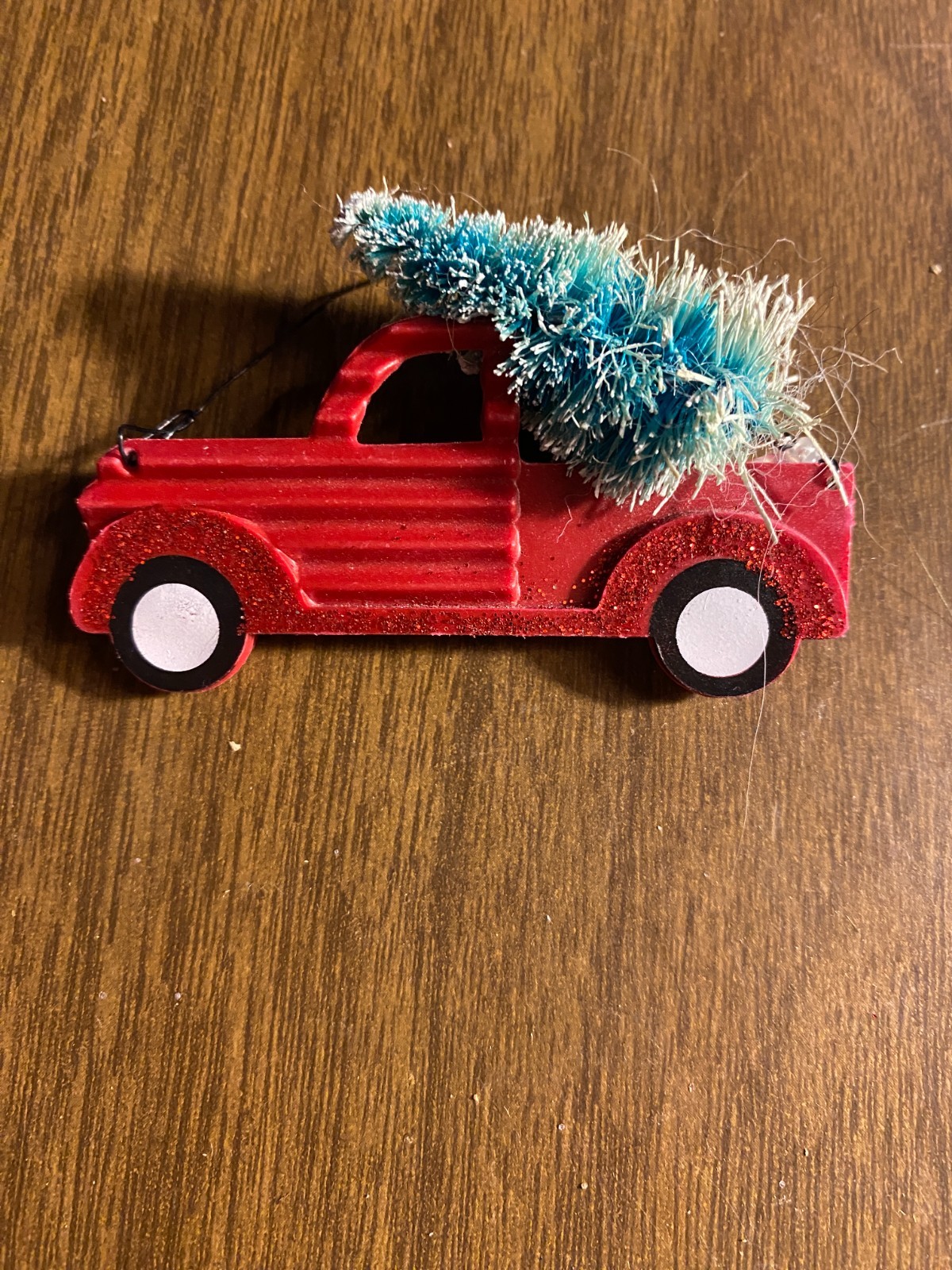 Plastic Red Truck Carrying Bottle Brush Tree Christmas Ornament 2 1/2"