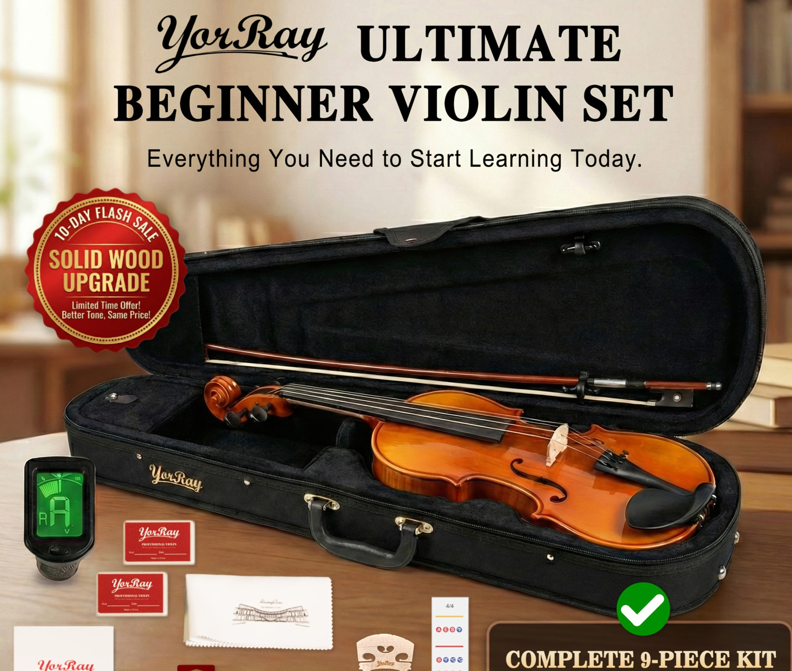 Violin 4/4 Full Size Kit for Adults Beginner, Violin Fiddle with Rosewood Bow
