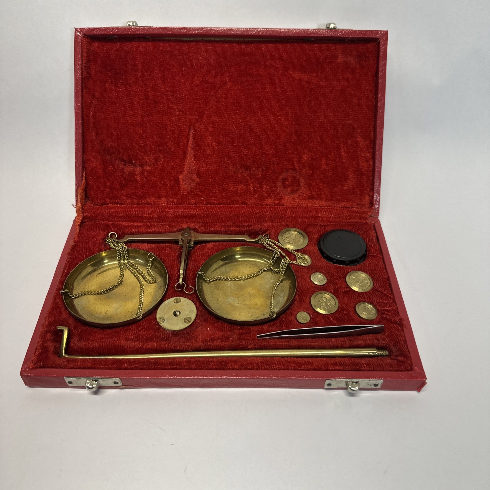 Vintage Brass Goldsmith Jewelry Balance Scale Red Velvet Case 