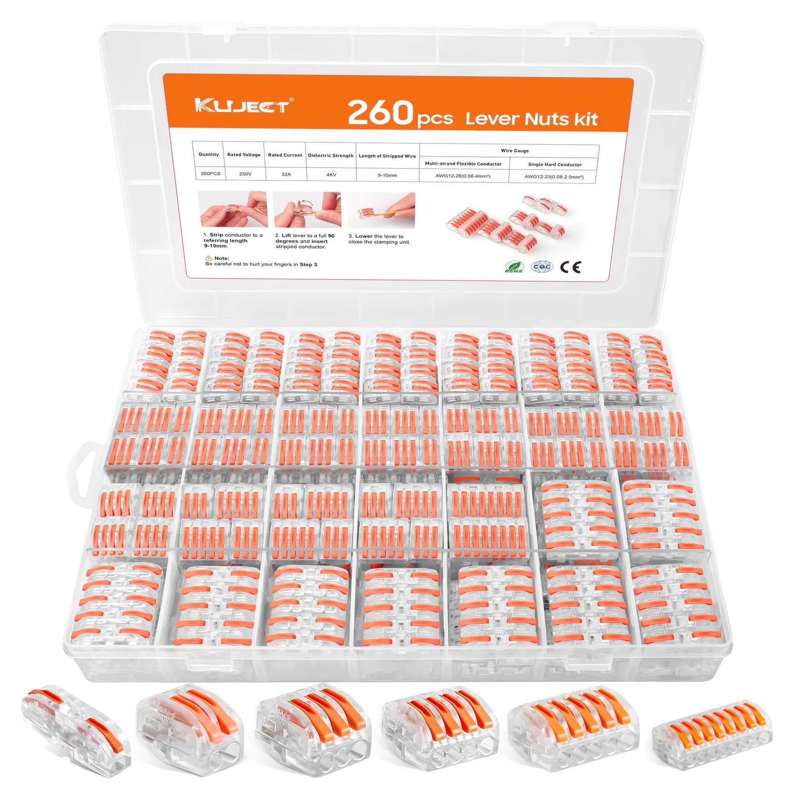 Kuject 260PCS Lever Wire Nuts Connectors Kit 2/3/4/5/8 Conductor AWG 28-12
