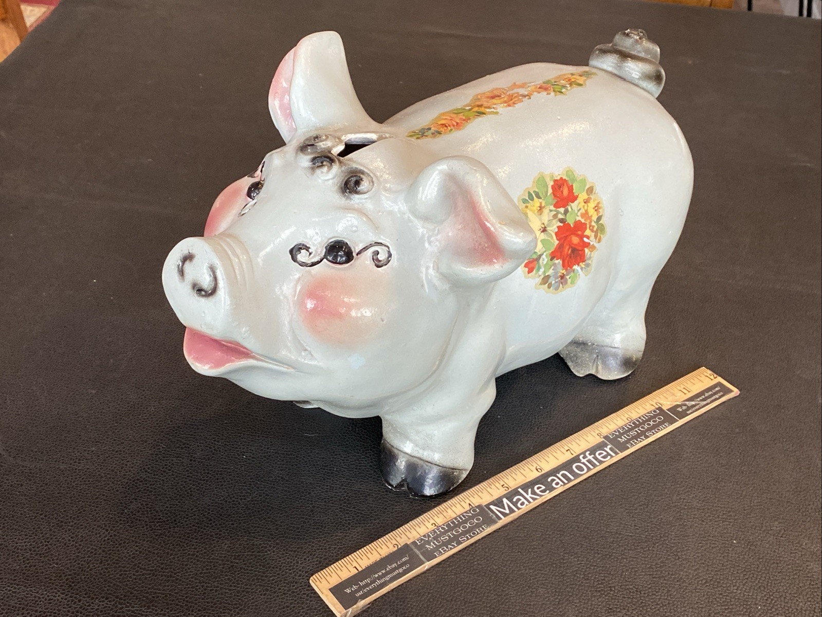 Vtg Anthropomorphic Whimsical Blue Carnival Prize Chalk-ware Piggie Piggy Bank