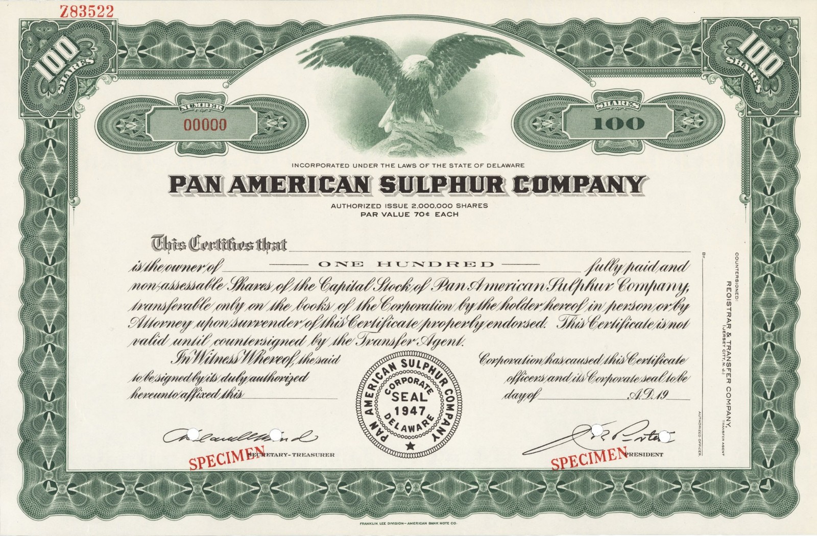 Pan American Sulphur Company. Stock Certificate.