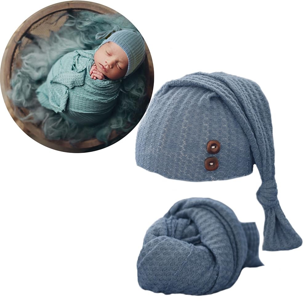 Newborn Baby Boy Girl Photography Wrap Long Tail Hat Crochet Blanket Props Blue