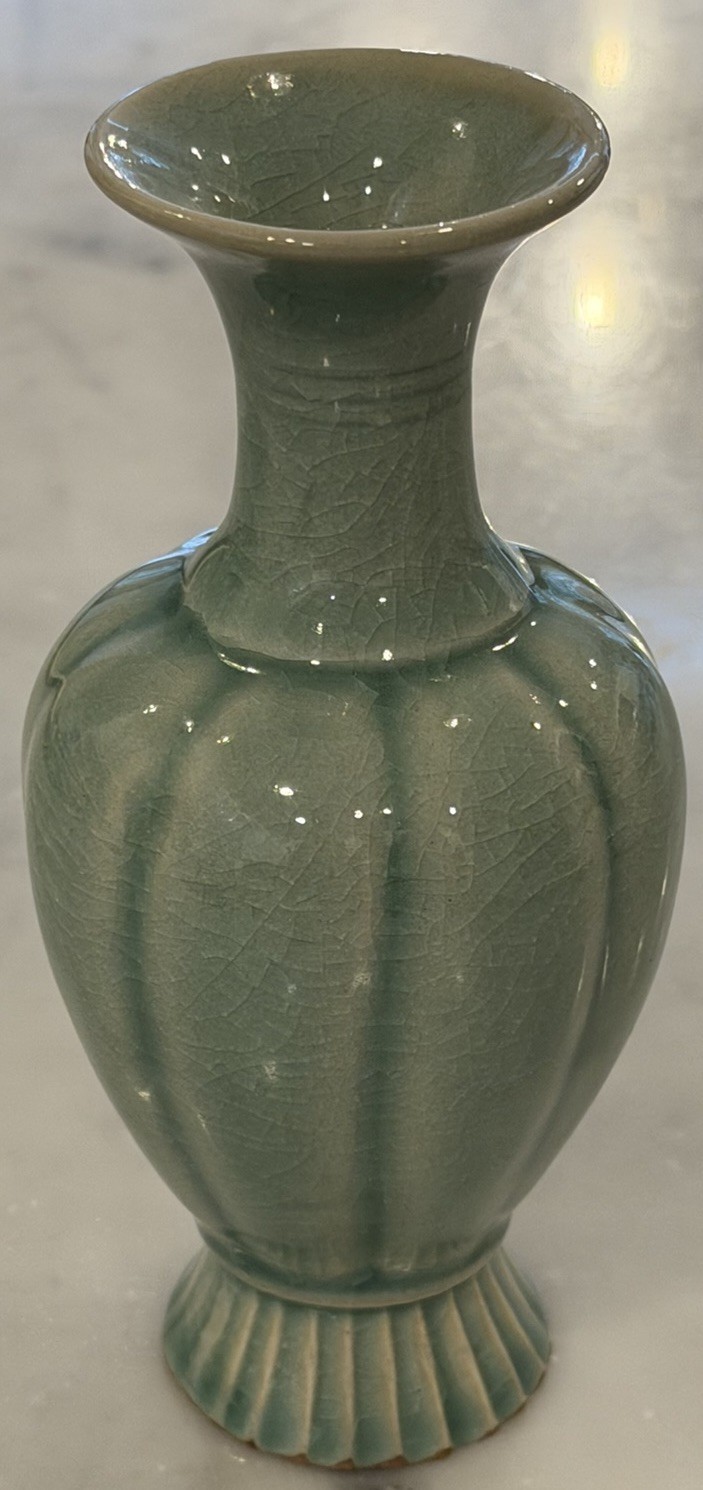 Korean Celadon Vase of Appropriate Goryeo Style Signed 2 Character Mark 6.5”
