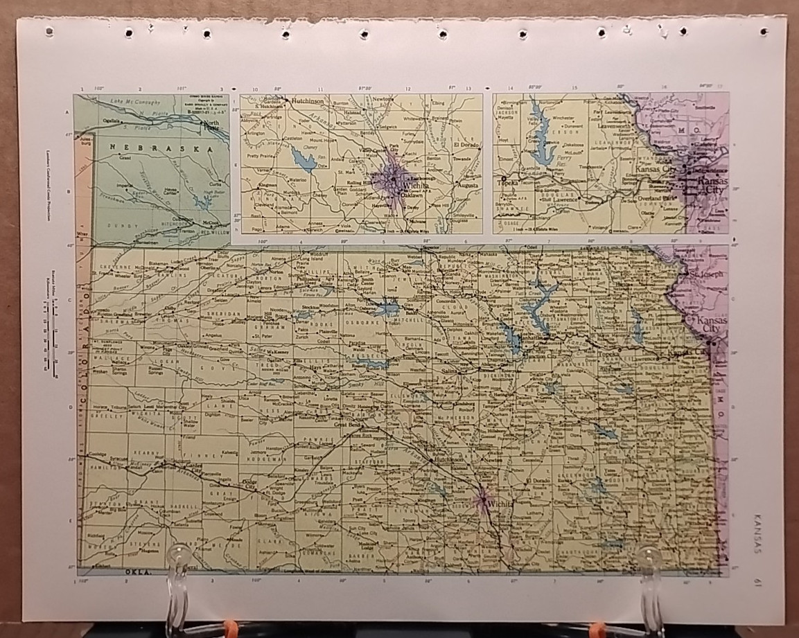 1966 Vintage KANSAS Authentic Old MCM Atlas Map - Rand McNally World Atlas