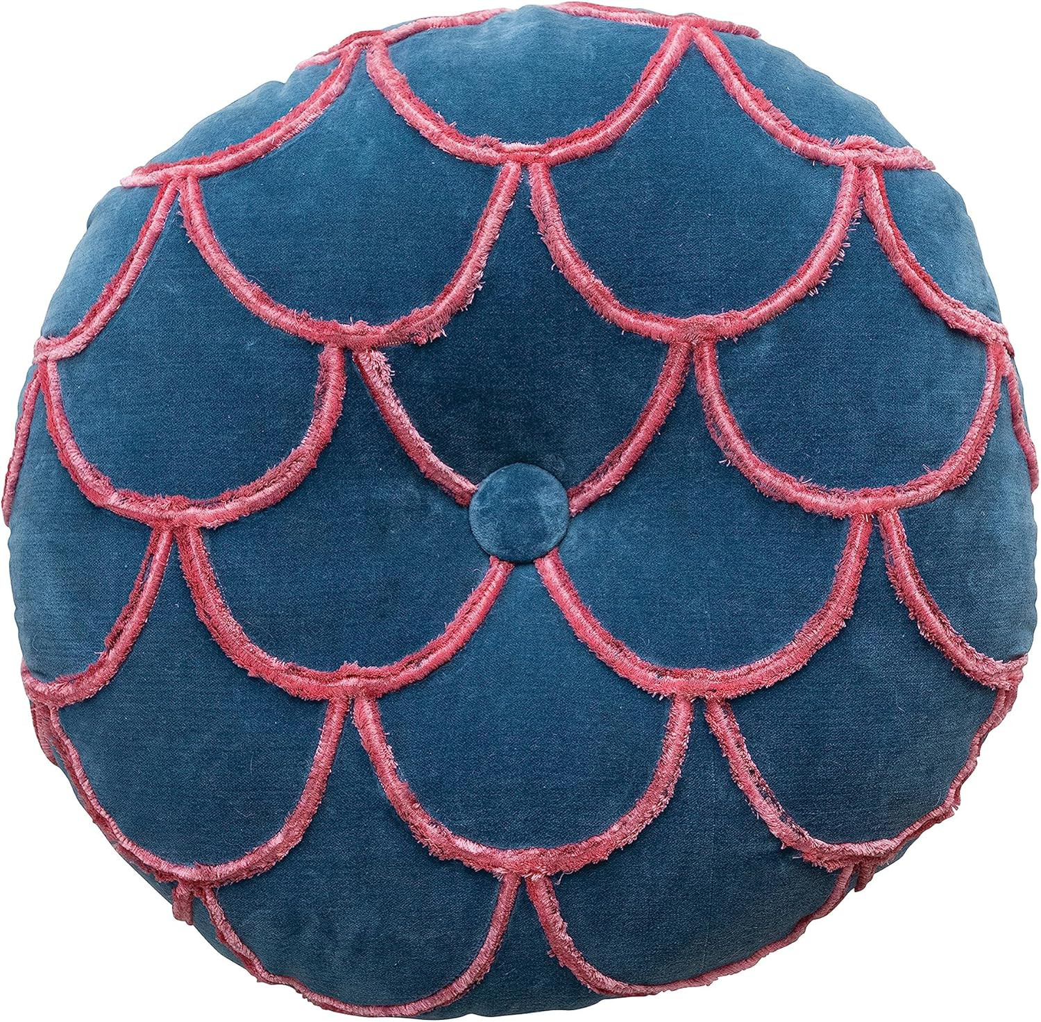 18 Inches round Cotton Pillow with Tufted Scallop Pattern, Navy Blue and Pink
