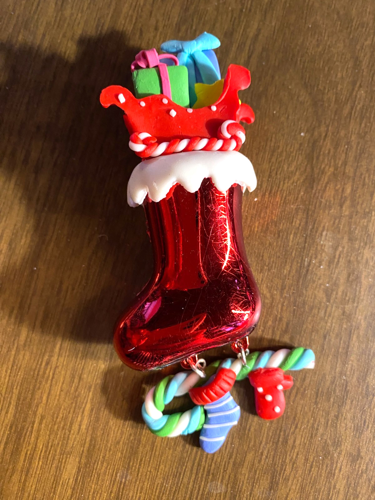 Sleigh on Boot w Dangling Candy Cane Polyresin Plastic Christmas Ornament 4 3/4"
