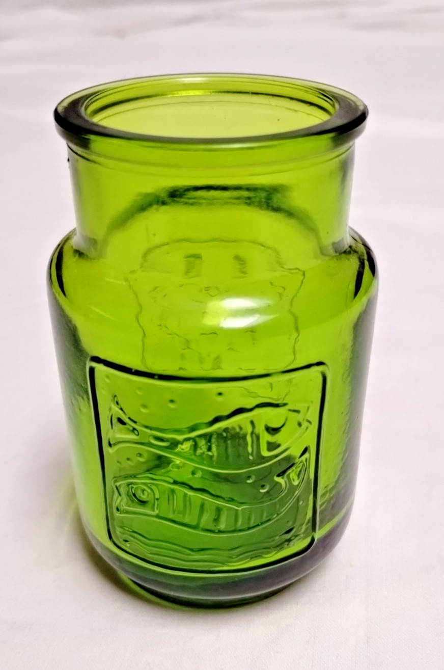 Wheaton Emerald Green Vintage Apothecary Jar 2 Fish then a Dove in Heart No Lid