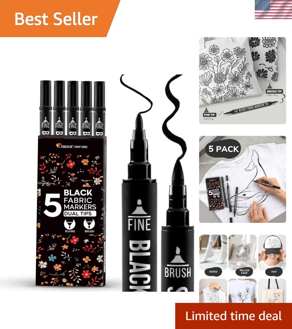 5 Dual-Tip Black Fabric Markers Permanent Clothes Fabric Paint Pens Textiles