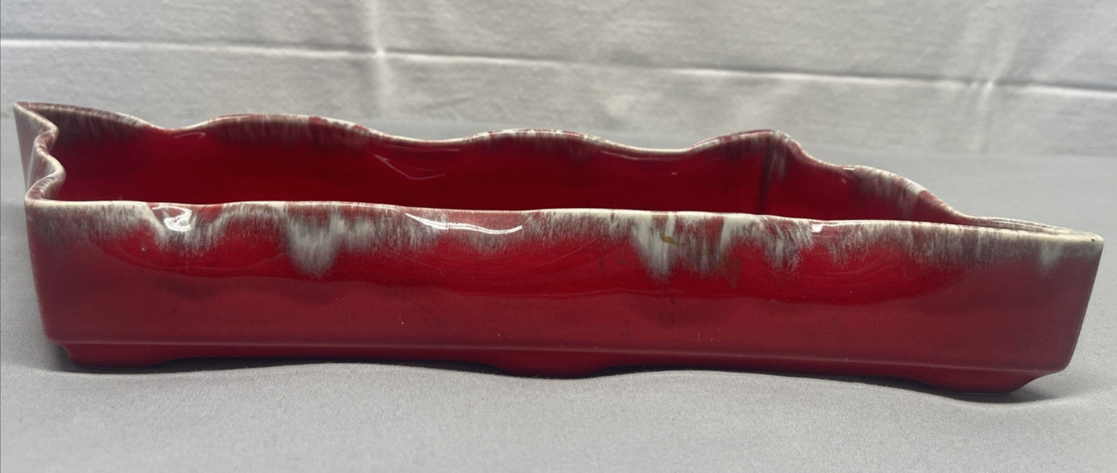 Vintage MCM 12x4x3" Red Gray Drip Glaze Pottery Planter Wavy Edge