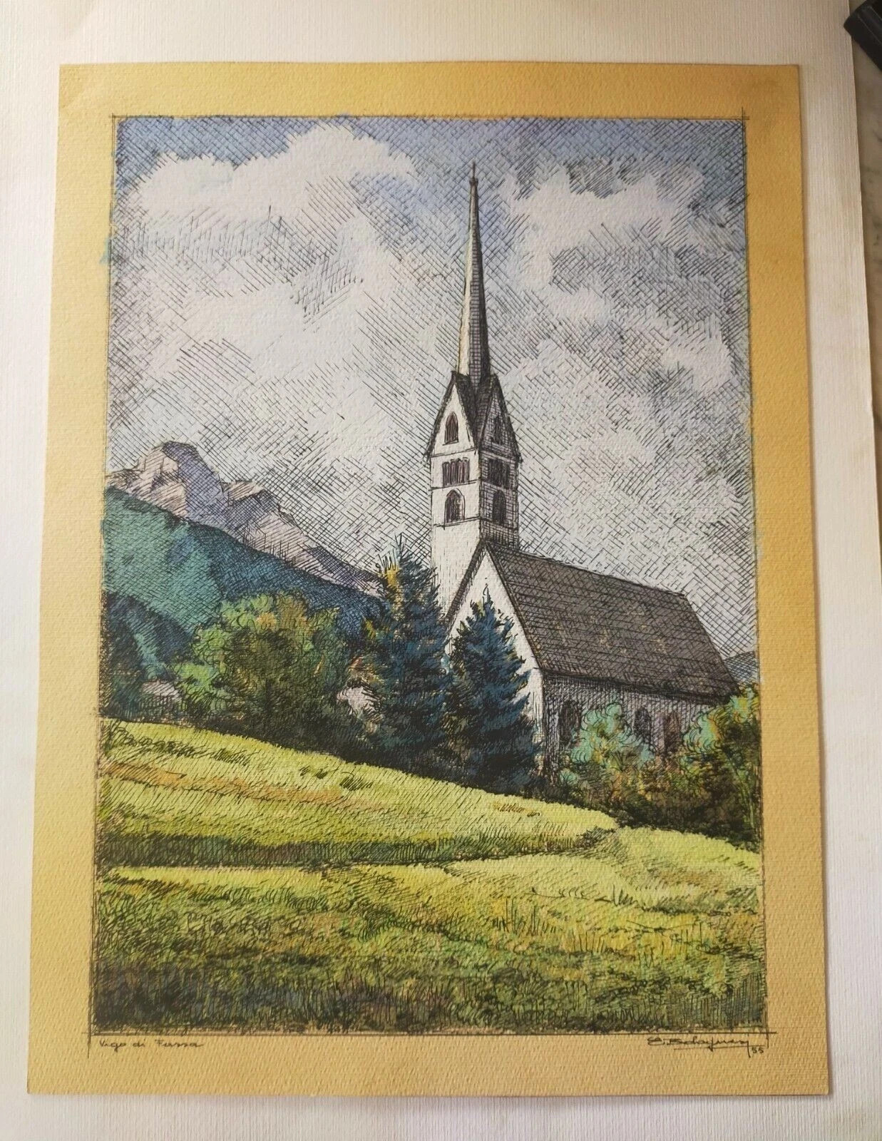 WATERCOLOR AND INDIAN SKETCH DEPICTING VIGO DI FASSA SIGNED E.BOLOGNESI 1955